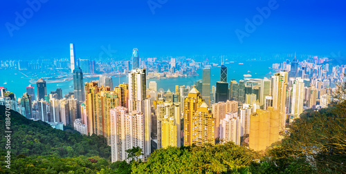 Hong Kong. View of Victoria Harbour and Hong Kong Central beside Victoria Peak. Taken from Victoria Peak  Taiping Mountain . Located in Hong Kong.