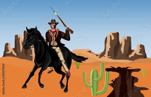 Running on horse cowboy with riffle in desert vector landscape vector illustration