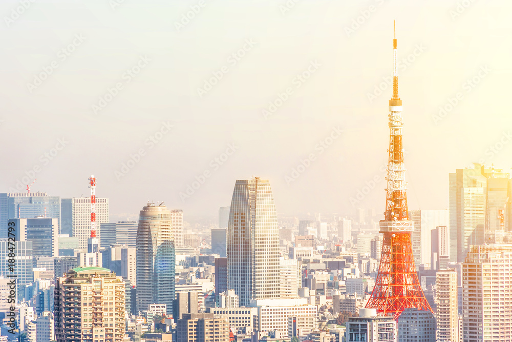Asia Business concept for real estate and corporate construction - panoramic modern city skyline bird eye aerial view of tokyo tower under golden sun Tokyo, Japan