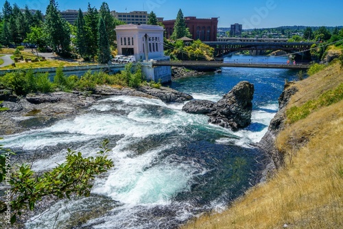 Fototapeta Naklejka Na Ścianę i Meble -  The stunning Riverfront Park in Spokane Washington shows off the sparkling waters of the Spokane River.
