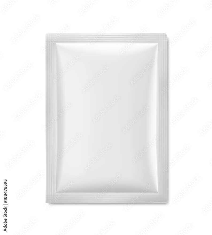 Universal mockup of white blank sachet. Vector illustration isolated on white background, ready and simple to use for your design. The mock-up will make the presentation look realistic possible.