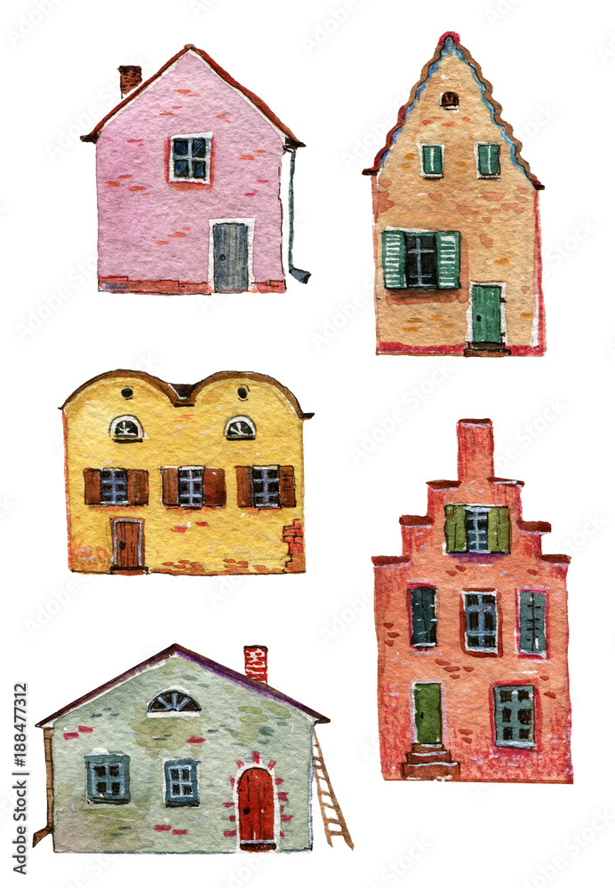Vintage stone houses - hand drawn watercolor illustration