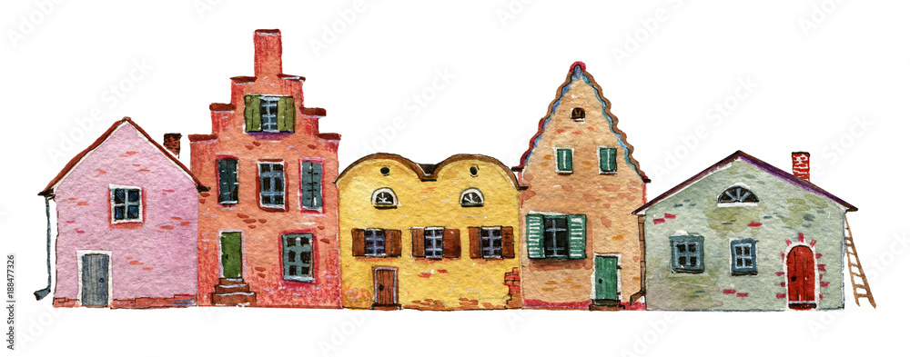 Vintage  stone houses pressed against each other - hand drawn watercolor illustration