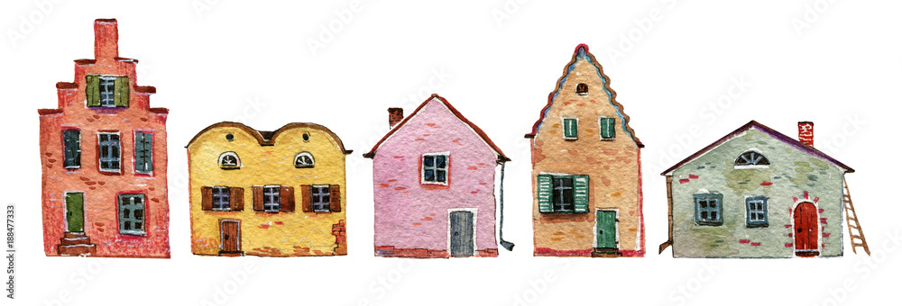Vintage stone houses in row - hand drawn watercolor illustration