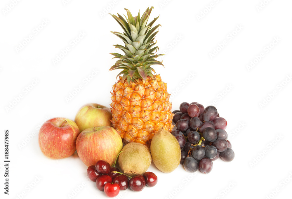 Many of the fruits on white background(pineapple.grape.kiwi.apple.cherry) Many of the fruits on white background(pineapple.grape.kiwi.apple.cherry)