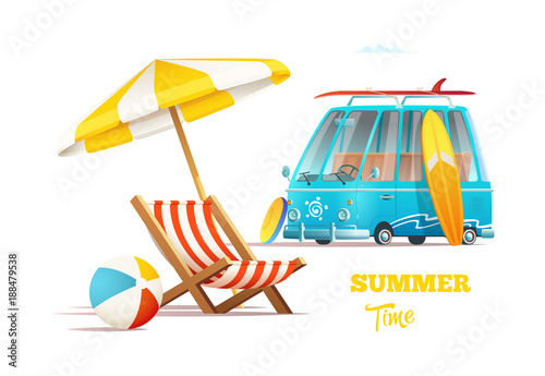 Summer time concept. Surfers van and lounger with umbrella