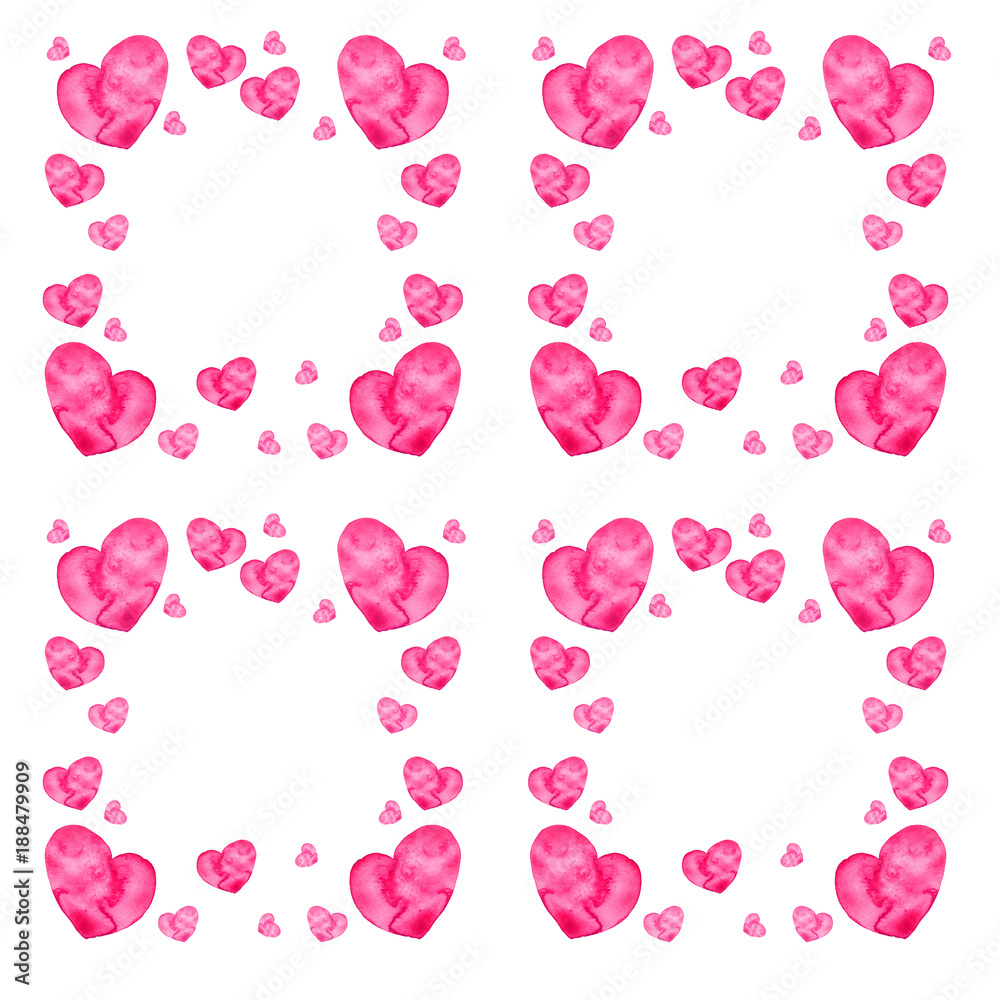 Fototapeta premium Watercolor postcard, card, background with beautiful pink pattern, heart, splash of paint, patterns. At the wedding invitation, Valentine's Day, a holiday. With a place for your design.