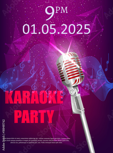 Colorful banner for restaurant or club with a microphone, and the words karaoke party.