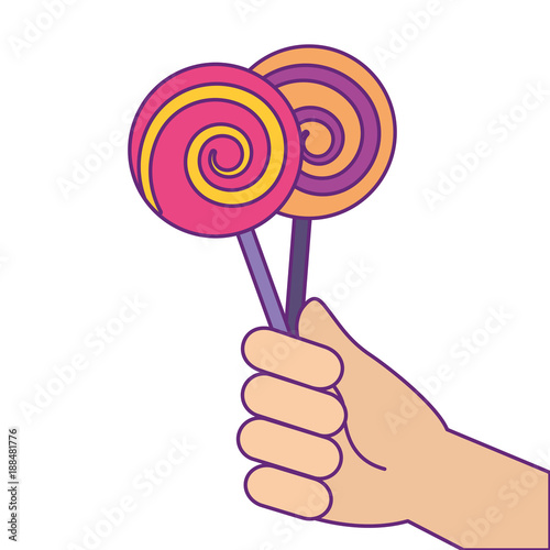 hand holding lollipop sweet candy vector illustration