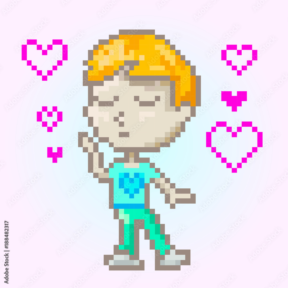 vector boy in love, St. Valentine's day, pixel art illustration