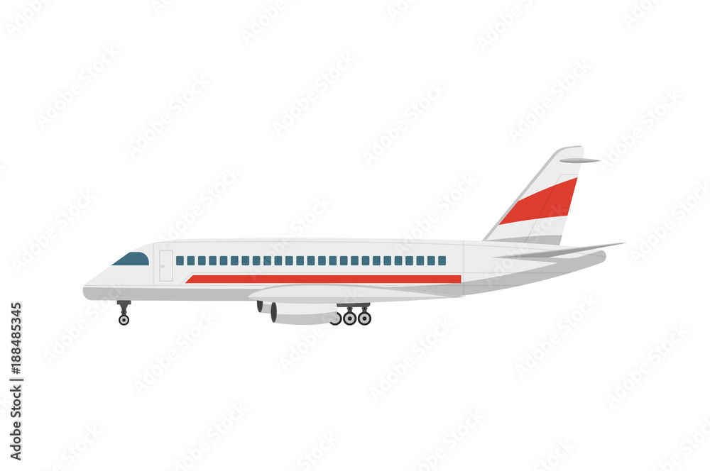 Side view jet airplane isolated vector icon. Passenger aircraft, aviation terminal logistics, commercial airline vector illustration.