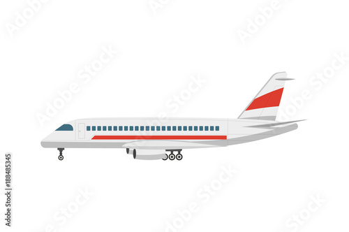 Side view jet airplane isolated vector icon. Passenger aircraft, aviation terminal logistics, commercial airline vector illustration.