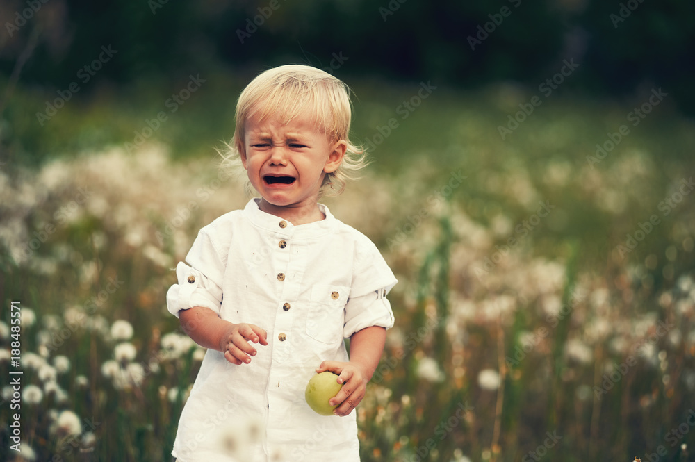 upset crying baby . Boy crying on a walk holding an Apple upset crying baby . Boy crying on a walk holding an Apple