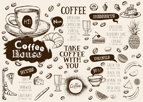 Coffee house menu. Restaurant cafe menu, template design. Food flyer.