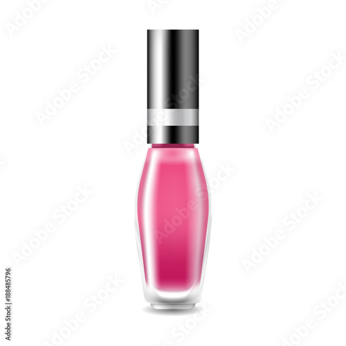 Realistic nail polish 3D vector illustration, template mockup glass bottle.