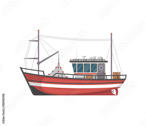 Vintage fishing boat side view isolated icon. Sea or ocean transportation, marine ship for industrial seafood production vector illustration in flat style.