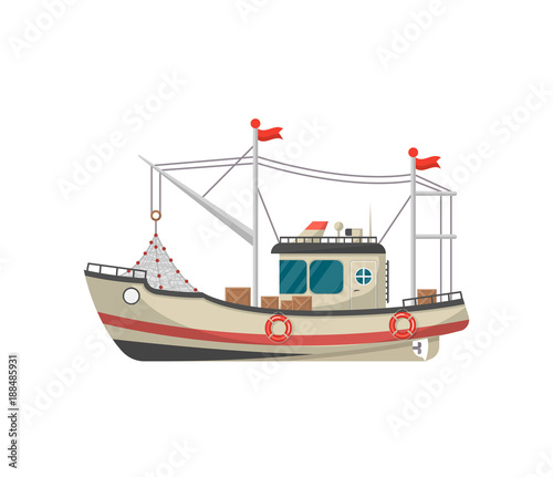 Small fishing trawler side view isolated icon. Sea or ocean transportation, marine ship for industrial seafood production vector illustration in flat style.