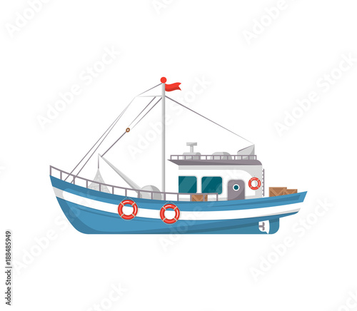 Commercial fishing boat side view isolated icon. Sea or ocean transportation, marine ship for industrial seafood production vector illustration in flat style.