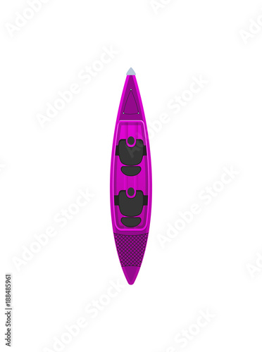 Plastic purple kayak isolated icon. Rafting, kayaking, paddling and canoeing outdoor activity. Extreme water sport, relaxation on river or lake, adventure by boat vector illustration.