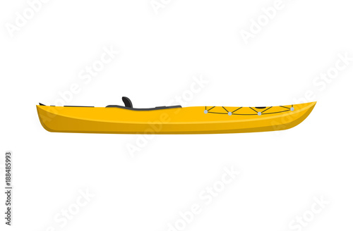 Side view yellow travel kayak isolated icon. Rafting, kayaking, paddling and canoeing outdoor activity. Extreme water sport, relaxation on river or lake, adventure by boat vector illustration.