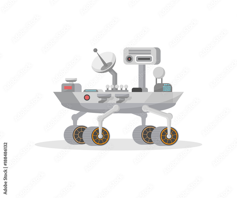 Mars rover with camera and antenna icon. Robotic space autonomous vehicle for planet exploration and cosmic colonization vector illustration in flat style. Mars rover with camera and antenna icon. Robotic space autonomous vehicle for planet exploration and cosmic colonization vector illustration in flat style.