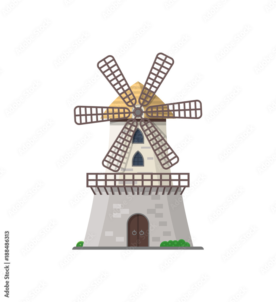 Medieval stone windmill building isolated icon. Rural bakery shop, organic agricultural production, ecological food manufacturing vector illustration.