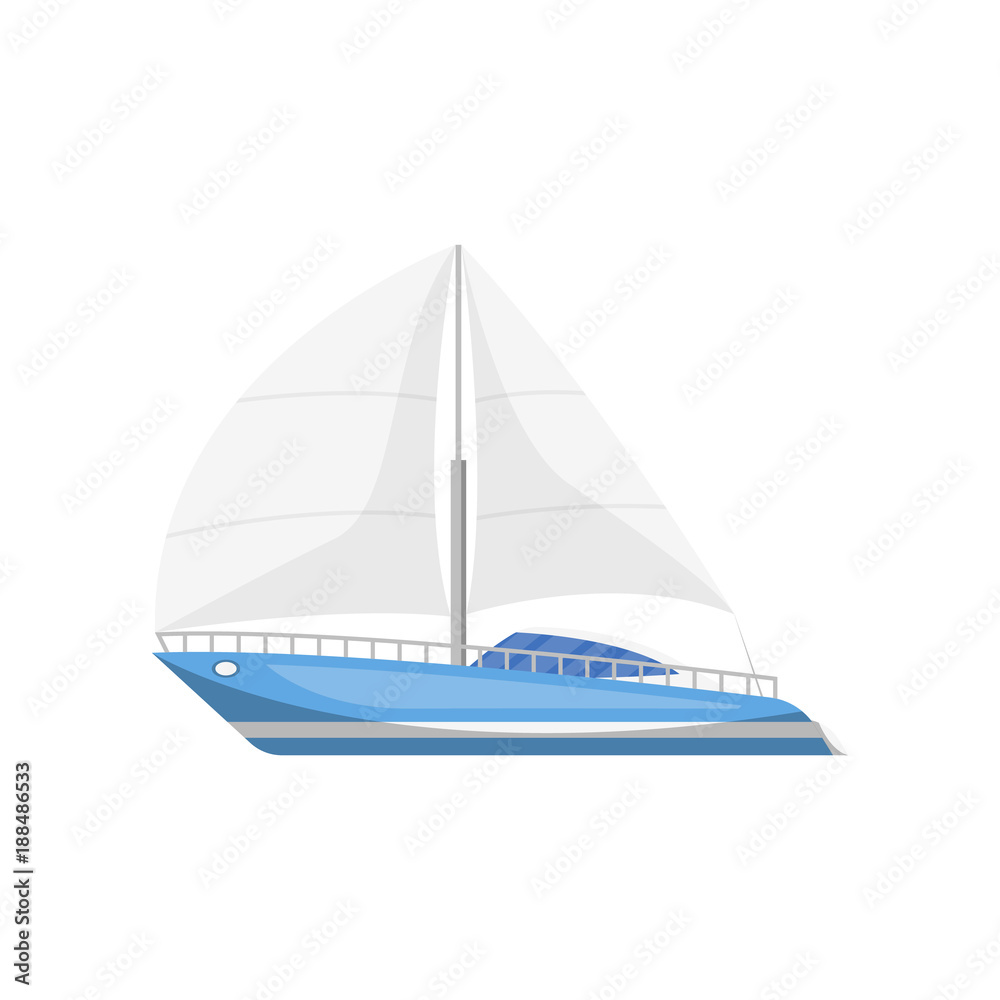 Modern luxury yacht side view isolated icon. Marine passenger cruise ship, worldwide yachting, nautical sport competition, sea or ocean vessel vector illustration.