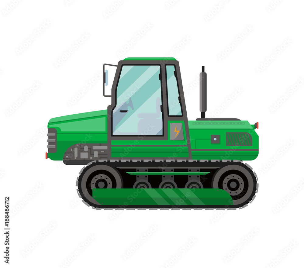 Green caterpillar tractor isolated icon. Agricultural machinery for field work vector illustration. Rural industrial farm technics, comercial transport.