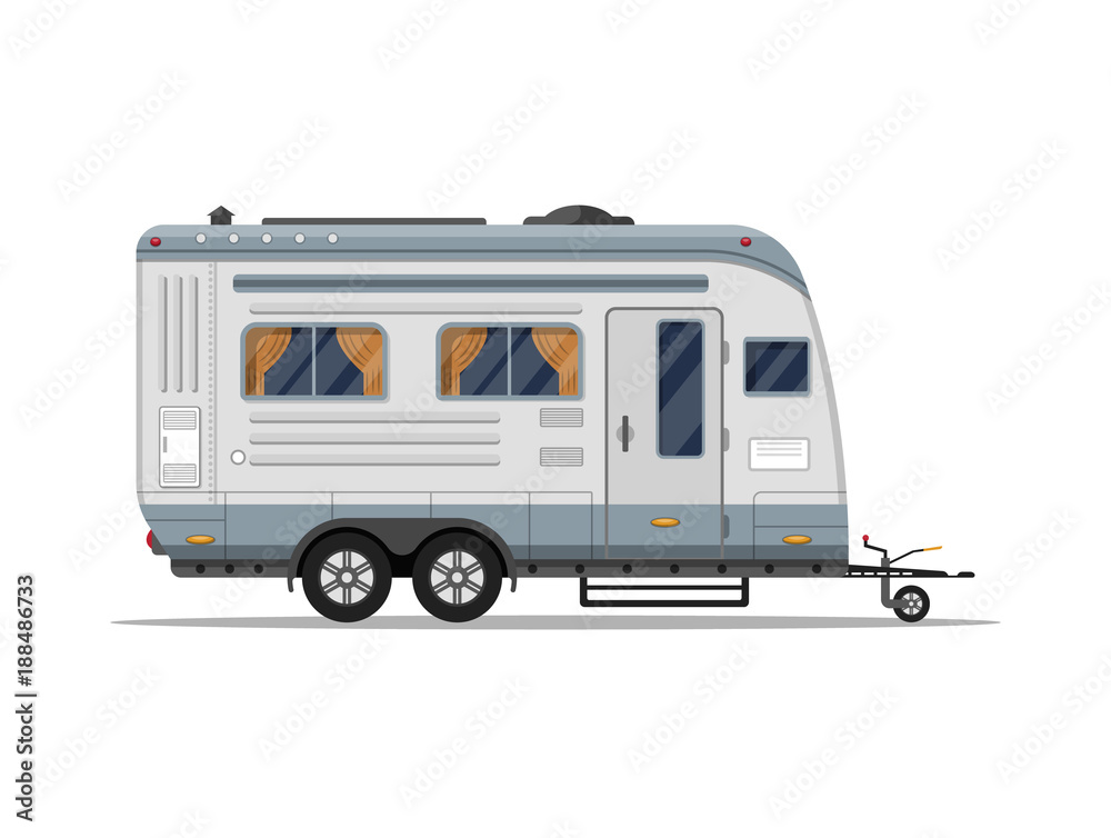 Mobile home isolated icon. Camping trailer for country and nature vacation. Side view recreational vehicle van vector illustration in flat syle. Mobile home isolated icon. Camping trailer for country and nature vacation. Side view recreational vehicle van vector illustration in flat syle.