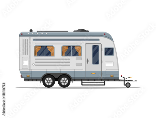 Mobile home isolated icon. Camping trailer for country and nature vacation. Side view recreational vehicle van vector illustration in flat syle. © studioworkstock