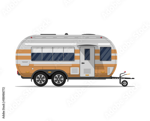 Big modern travel trailer isolated icon. Mobile home for country and nature vacation. Side view recreational vehicle van vector illustration in flat syle.