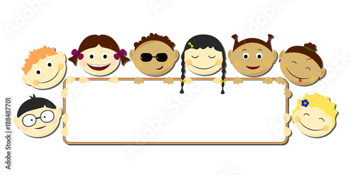 Kids with big clear name label plate vector illustration. Portraits with smile and various hairstyle