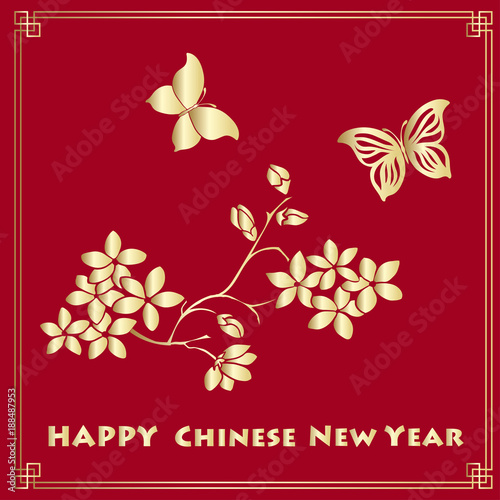 Happy new chinese year card with blossom tree and butterflies.