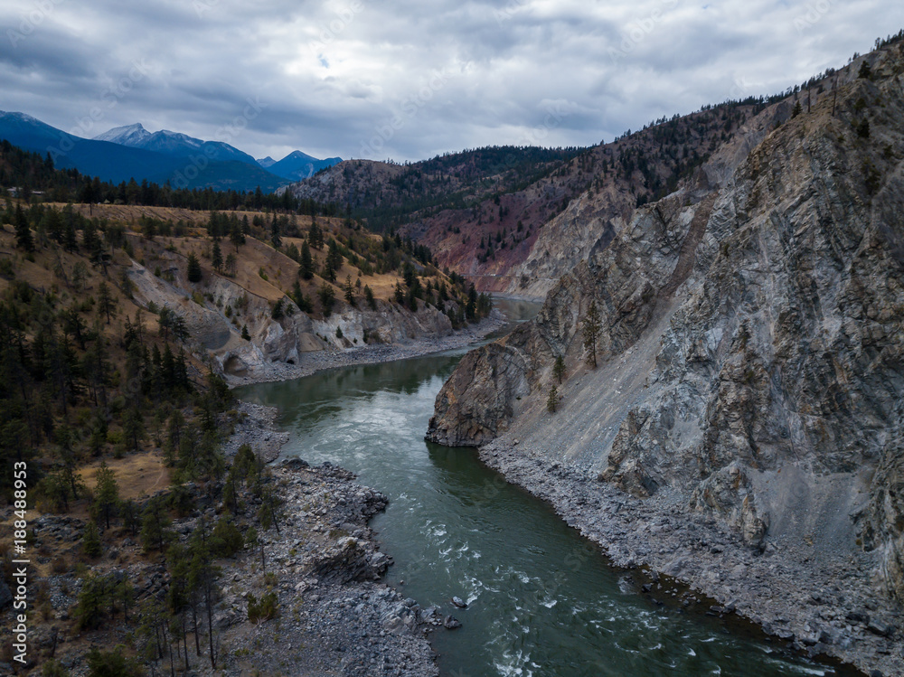 Aerial Drone Landscape View of Thompson River in the Interior of British Columbia, Canada.