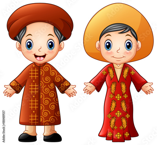 Cartoon Vietnam couple wearing traditional costumes