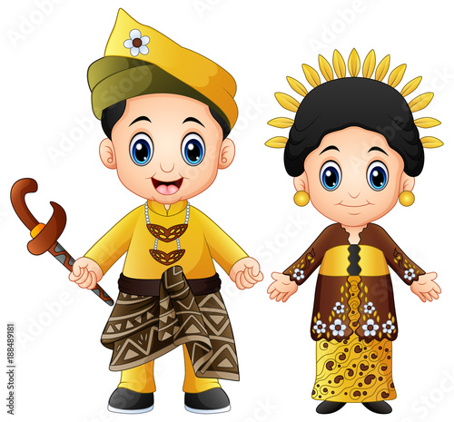 Cartoon malaysia couple wearing traditional costumes