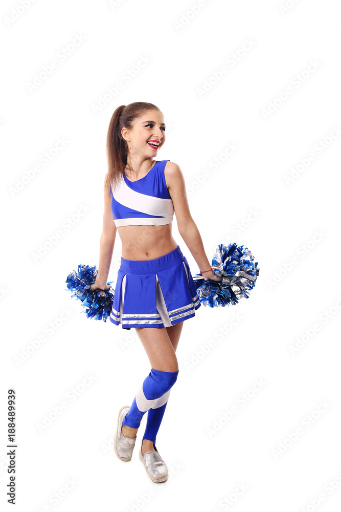 Three Cheerleaders In Blue And White Uniform And Pompoms Stock Photo -  Download Image Now - iStock