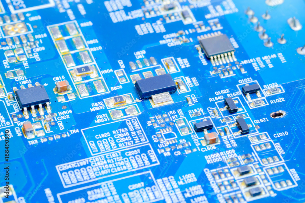 IC and electronic component on blue printed circuit board