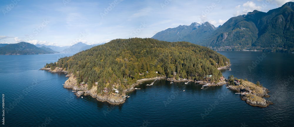Aerial view of Bowyer Island during a sunny summer day. Taken in Howe Sound, North of Vancouver, British Columbia, Canada.
