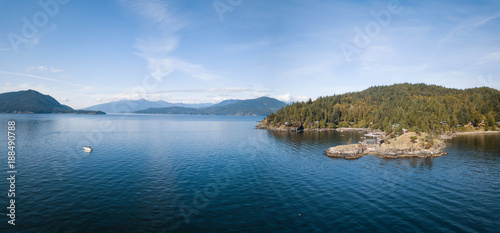 Aerial view of Bowyer Island during a sunny summer day. Taken in Howe Sound, North of Vancouver, British Columbia, Canada. 