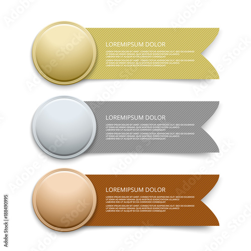 Gold silver bronze medals with ribbon banners