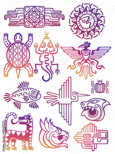 Colorful american aztec, mayan symbols