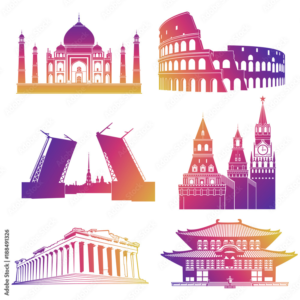 Famous landmarks silhouettes icons