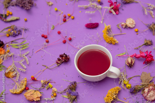 Cup of tea and herbs with flowers