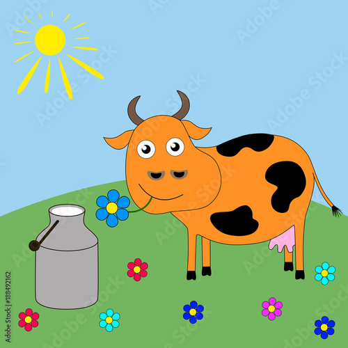 Good cartoon cow grazing in a meadow.