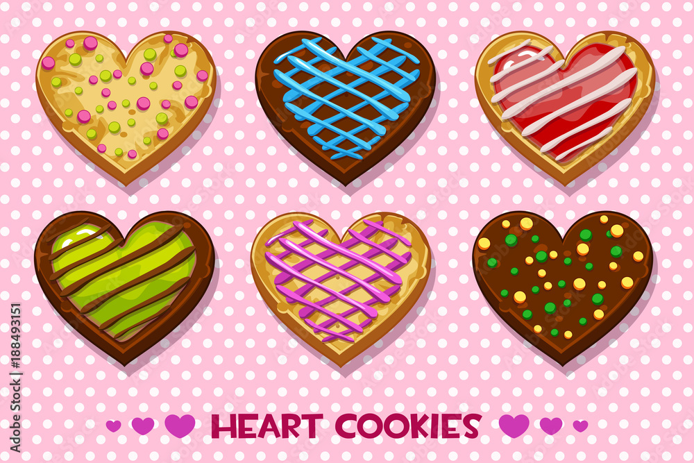 Vector Heart shaped Gingerbread and chocolate cookies with multi-colored glaze, set Happy Valentines day