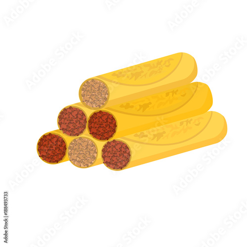 Flat vector small tacos symbol, traditional mexican taquitos icon. Taquito or rolled pancake with meat dish for cafe and restaurant menu design