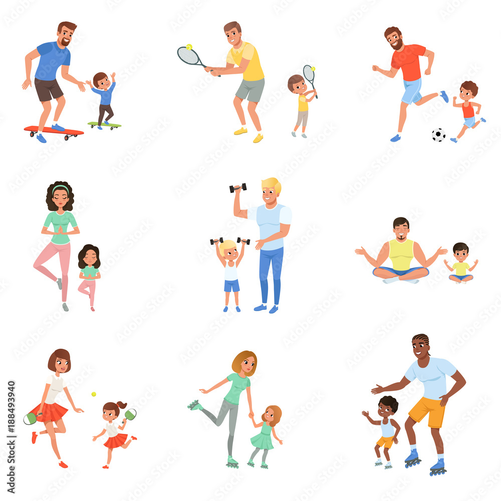 Kids with parents playing football, tennis, ping pong, riding on skateboards and rollers, working out with dumbbells and meditating. Family time. Flat vector design