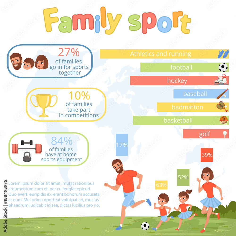 Family sport infographic poster with parents and their children. Mother, father, daughter and son playing football. Healthy and active lifestyle. Flat vector design
