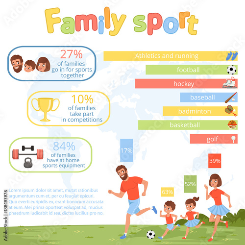 Family sport infographic poster with parents and their children. Mother, father, daughter and son playing football. Healthy and active lifestyle. Flat vector design